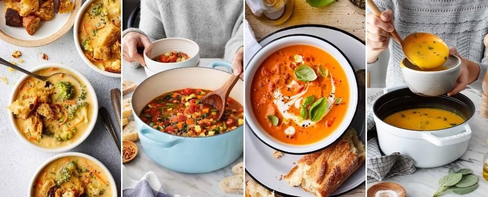 A composite of four soups, two in pots and two in bowls