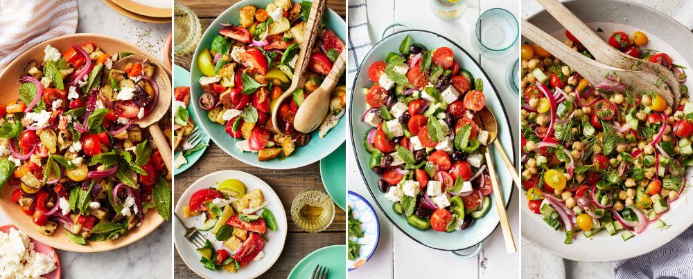 A composite of four different summer salads in serving bowls